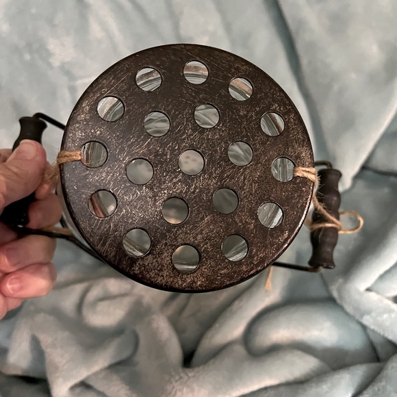 Glass vase with the metal top with holes for fresh flowers, handles are wood - Picture 2 of 3